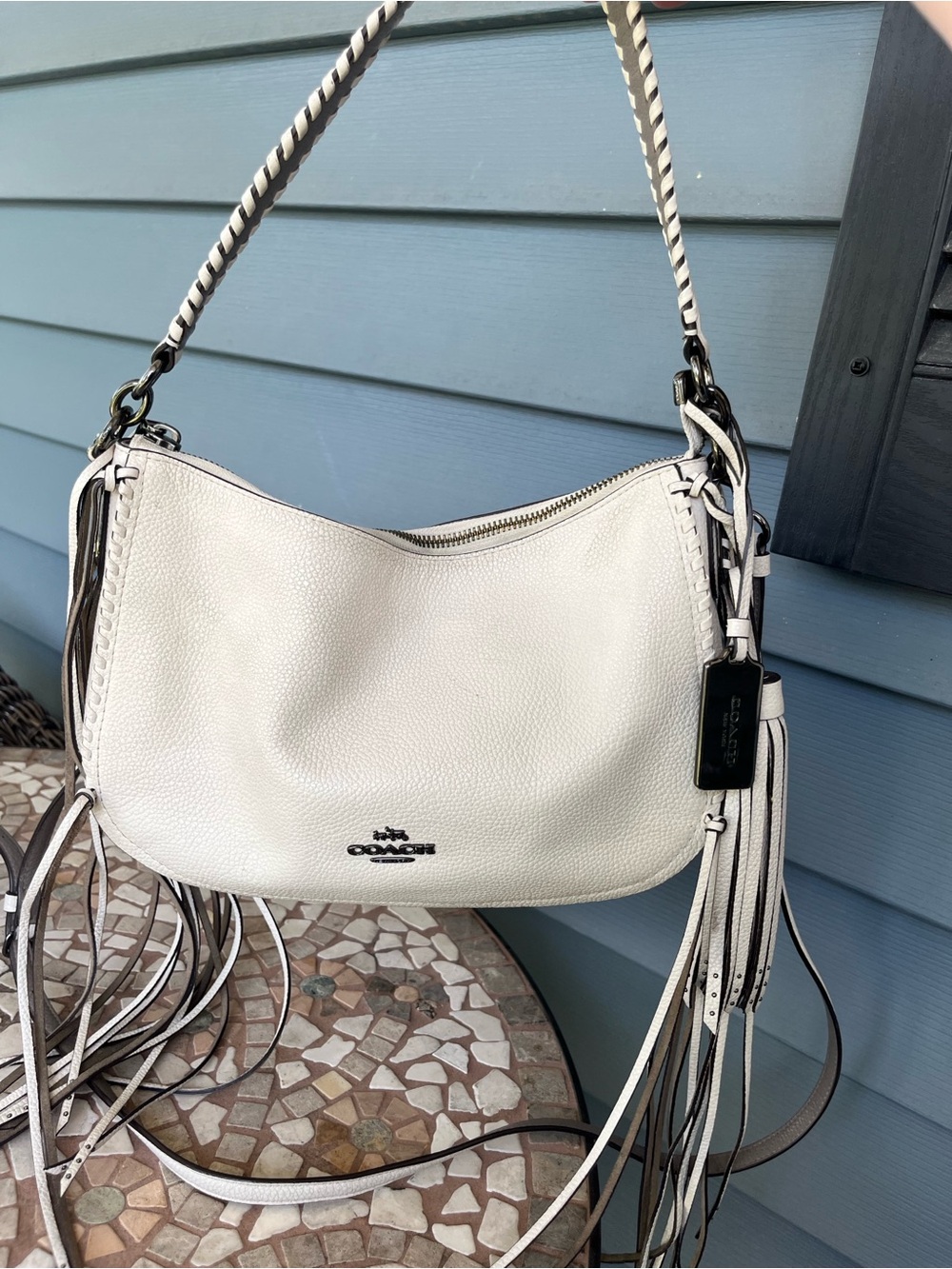 Coach White Pebbled Leather Hobo with Braided Strap and Fringe